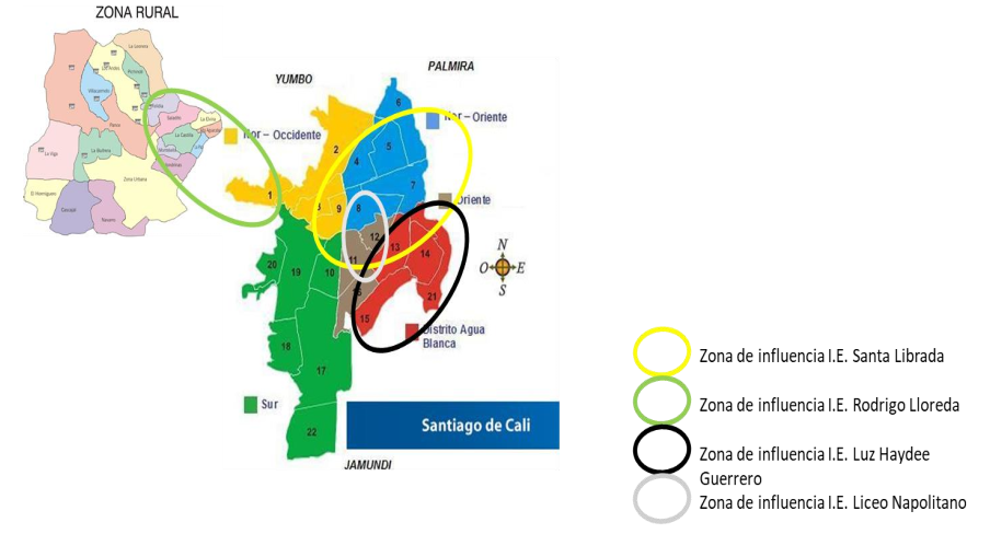 Mapa 1. Zonas de cooptación escolar de las instituciones educativas encuestadas, 2017
							