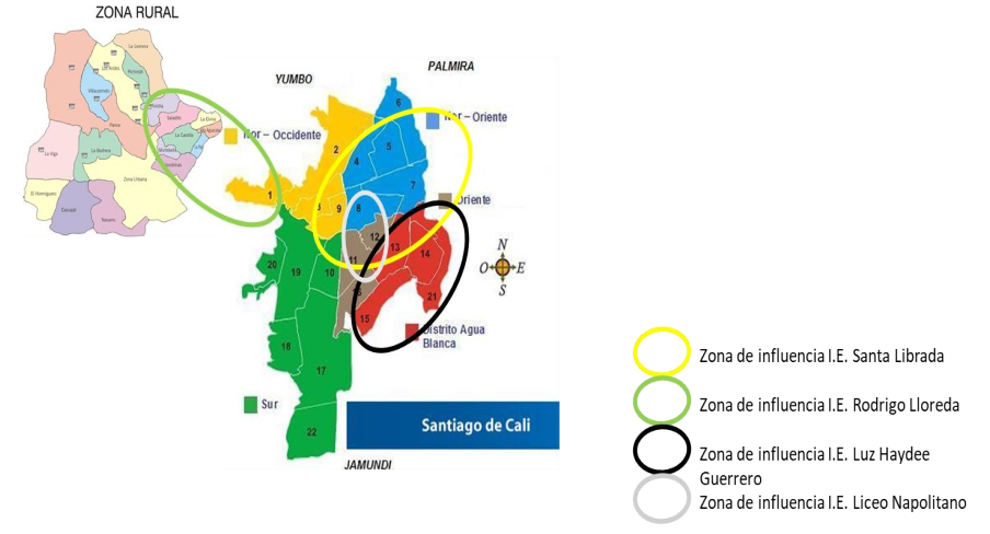 Mapa 1. Zonas de cooptación escolar de las instituciones educativas encuestadas, 2017
							