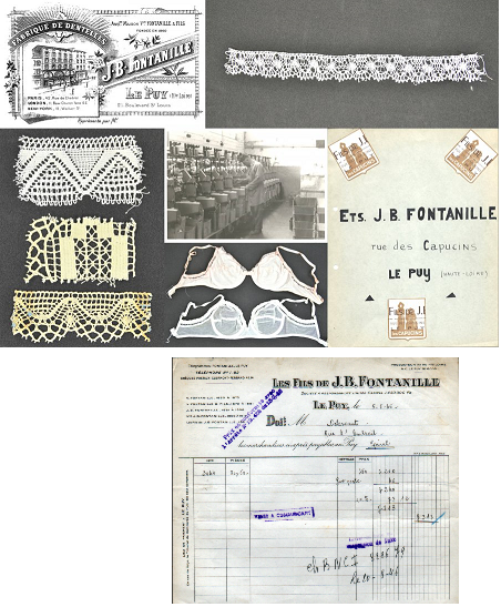 Documents sur les dentelles Fontanille
conserv&eacute;es par les Archives d&eacute;partementales de la Haute-Loire (Inventaire du
fonds des &eacute;tablissements Fontanille) et une facture de 1946
