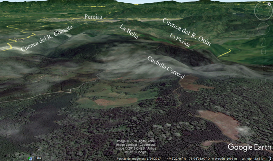 Panorámica de la ubicación de La Bella y La Florida en la divisoria de aguas de las cuencas de los ríos Otún y Consotá