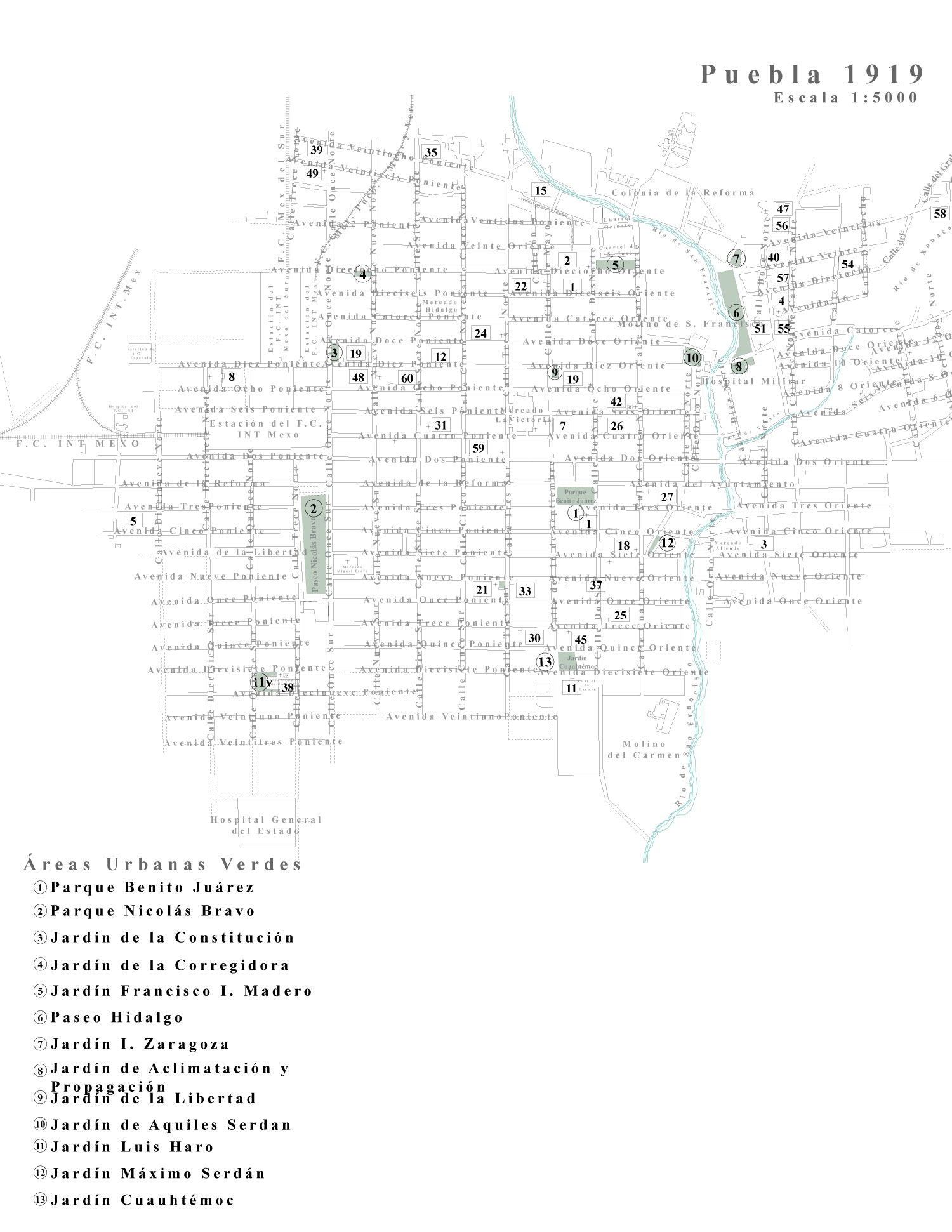 Ubicación
de los paseos, jardines y parques en la ciudad de Puebla, 1919