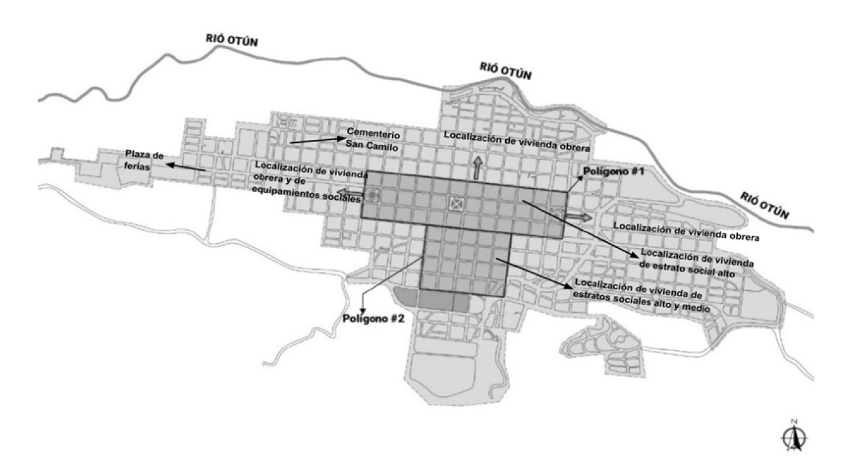 Figura 4. Pereira con localización de áreas donde se acentúa la presencia de vivienda obrera,
						1946