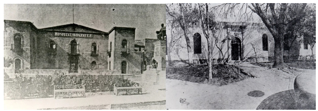 Figura 1. Hospital González (izquierda) y Escuela de Medicina en su sede continua al hospital (derecha).