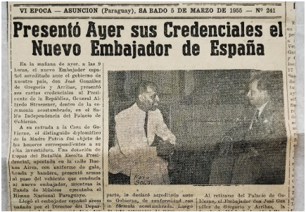 Figura 1. Presentación de credenciales de González de Gregorio a Stroessner, 1955